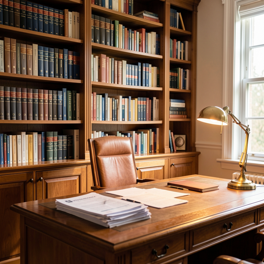 Warm-lit editorial office interior with bookshelves filled with reference volumes on nutrition and sleep science, a writing desk with papers and a vintage lamp