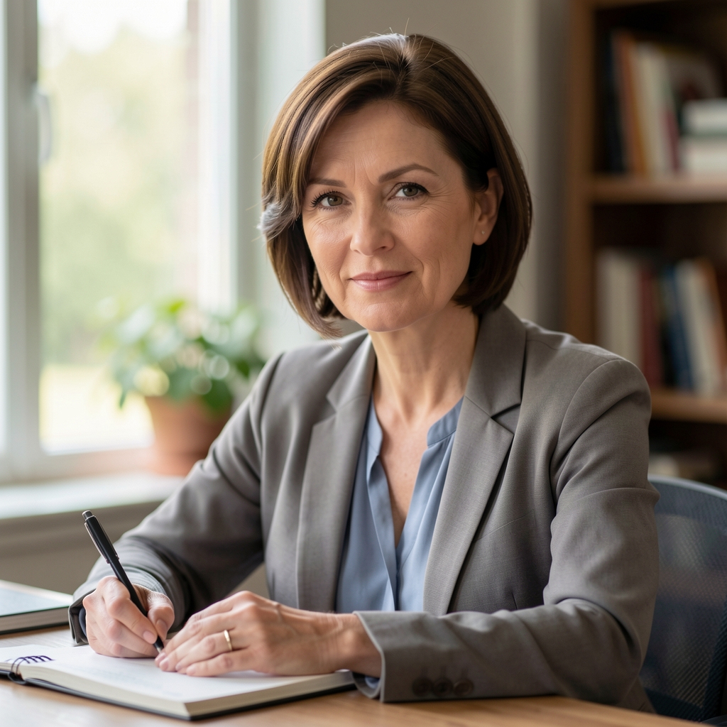 Author portrait of Eleanor Whitfield in a naturally lit editorial office environment, wearing a dark jacket, looking directly at camera with a composed expression