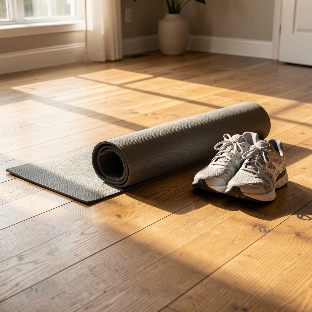 Morning light falling across a wooden floor where a yoga mat is partially rolled out beside running shoes, suggesting a structured morning routine in a calm home environment