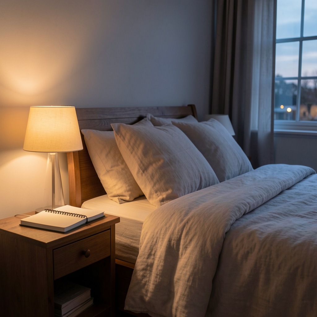 Quiet bedroom at dusk with warm lamplight, notebook on bedside table, soft linen textures visible in foreground