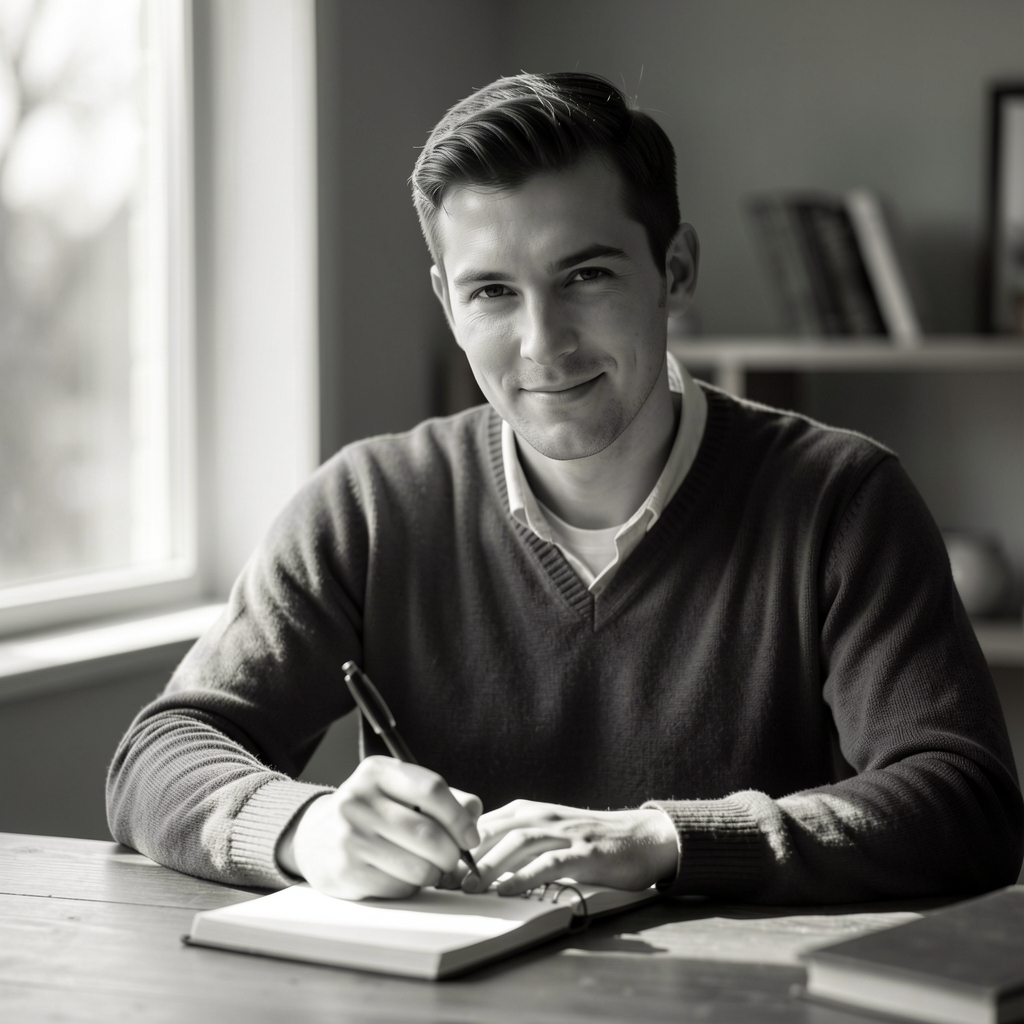 Black and white portrait of a person seated at a desk writing in a journal, a single window casting natural directional light across the scene